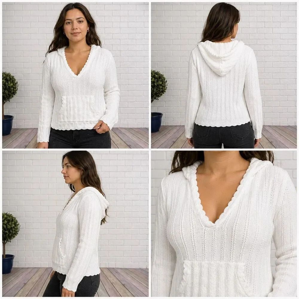 Sonoma Hooded Sweater Knitted Solid White V Neck Long Sleeve 100% Cotton size M